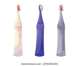 Set of modern electric toothbrushes. Cartoon vector illustration of a rechargeable dental care device isolated on white background. Oral hygiene and healthcare concept.