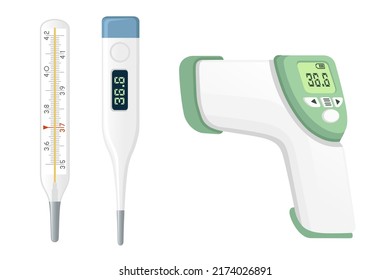 Set of Modern electrical thermometer and classic mercury thermometer vector illustration on white background