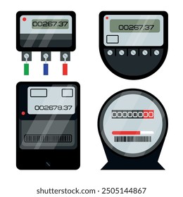 Conjunto de medidores eléctricos modernos en un estilo de dibujos animados. Ilustración vectorial de electrodomésticos, medidores eléctricos de diferentes Formas para medir el consumo eléctrico aislado sobre fondo blanco.