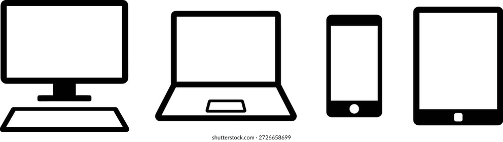 Set von modernen elektronischen Geräten, schwarzen Umriss Computer, Laptop, Smartphone und Tablet-Bildschirm-Symbole für reaktionsschnelles Web-Design.