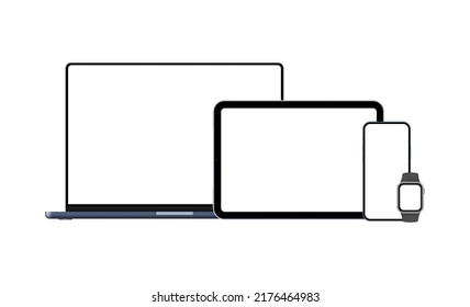 Set of Modern Electronic Devices With Blank Screens. Laptop, Tablet, Phone, Smart Watch. Vector Illustration