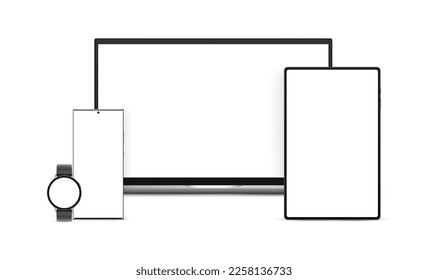 Set of Modern Electronic Devices With Blank Screens. Laptop, Tablet, Frameless Smartphone and Wrist Watch. Vector Illustration