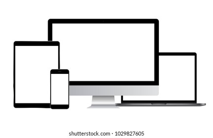 Set of modern electronic devices - computer monitor, laptop, tablet, smartphone. Mockups to showcase your web-site design. Vector illustration