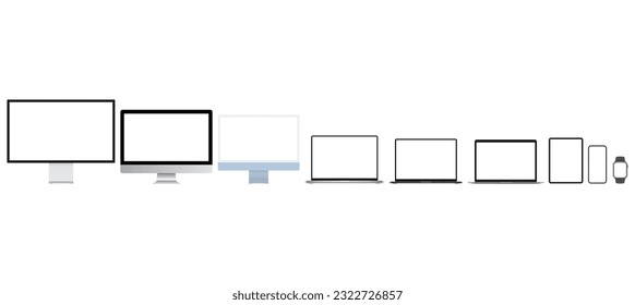 Set of Modern Electronic Devices. Computers, Laptops, Tablets, Phones, Watches. Vector Illustration