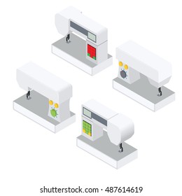 Set modern electronic sewing machines in isometric projection. Vector illustration on white background