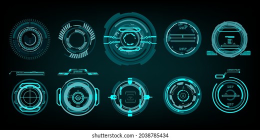 Set Modern Electronic Target Aiming Systems UI  UX. Futuristic optical sight. Automatic navigation of combat scopes. Focusing and range indication. Targets for video games. Futuristic sight navigation