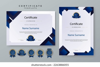 Set of modern elegant modern blue certificate design template with badge and border for business corporate need