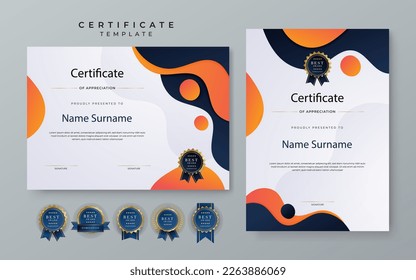 Conjunto de plantillas modernas y elegantes de diseño de certificados naranja con placa y borde para las necesidades empresariales