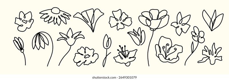 Set of modern elements from flowers and leaves. Abstract minimalist botany. Retro. Whimsical collection. Hand drawn and doodles. Coquette pattern. Bouquet. Tattoo. Ink plants. Simple pencil. Line art.