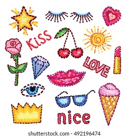 Set of modern elements patches rose, lips, star, diamond, eyes, crown, inscriptions and other. Vector stickers in the style of pop art for your design.