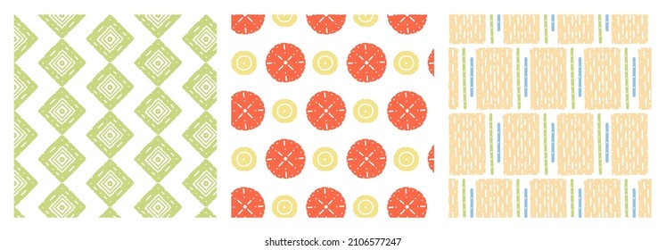 Set of modern endless patterns. Mid-Century vintage 1950s atomic style three seamless wallpapers. Combination of rectangles and circles doodles in old-fashioned soft colors beige, green, blue, orange.