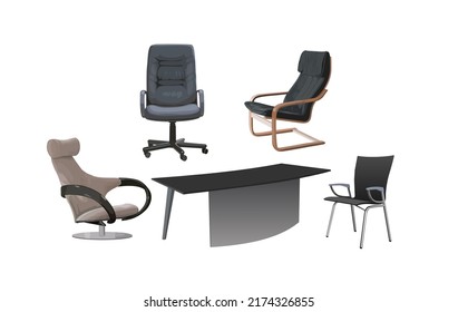 Set of modern ergonomic office furniture: chairs, armchairs, table. Side and front view. Furniture item for workplace at company or at home. Vector realistic illustration isolated on white background.