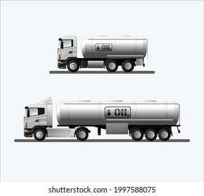 a set of modern European trucks with an oil tanker and an oil sign. Vector flat illustration.