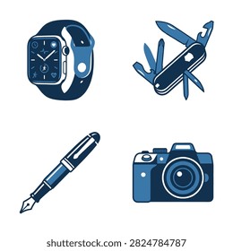 Set of modern everyday carry gear icons in blue color