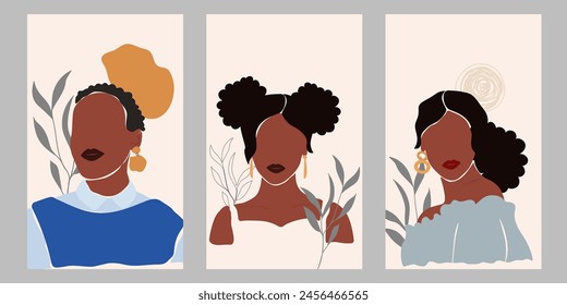 Set of modern faceless abstract African American woman trendy minimalist poster