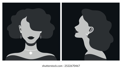 Set of modern faceless women portraits with celestial jewelry. Abstract females with star and crescent shape earrings and necklace. Vector illustration