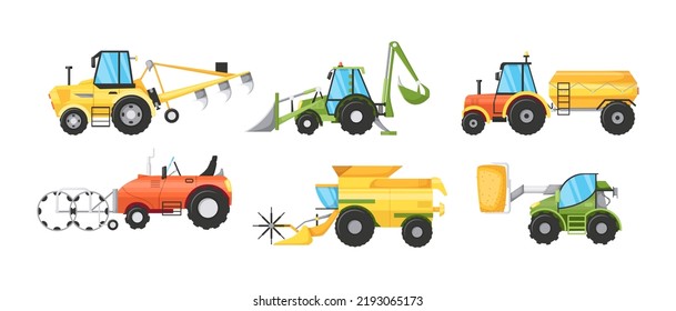 Set of modern farm agricultural vehicles and machinery. Rural industrial transport for plants growing and harvesting. Seeder, loader, sprayer or fertilizer and mowing vehicles flat vector
