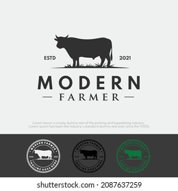 Set modern farmer logo design concept with silhouette cow