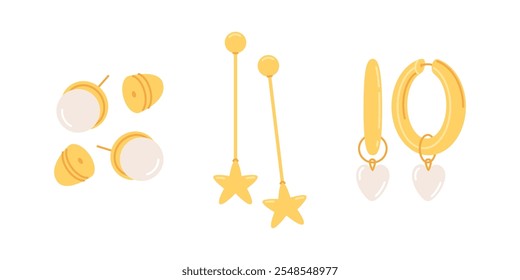 Set of modern fashion earrings. Costume jewelry, gold plated trendy metal ear jewelry. Vector hand drawing isolated