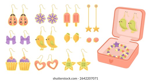 Set of modern fashion earrings. Kid costume jewelry, gold plated trendy metal ear jewelry. Vector hand drawing isolated