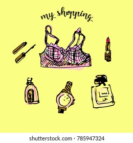 A set of modern fashion elements: you make me a happy phrase, thanks to calligraphy, pink lips, pink bra, French perfume, mascara, lipstick, watch. Set of vector stickers, vector