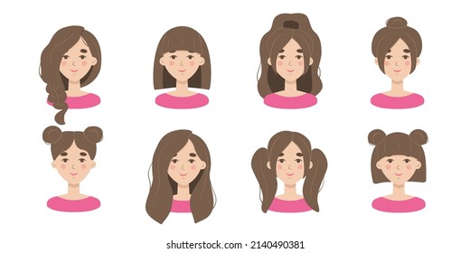 Set von modernen Mode-Frisuren. Schöne Kollektion von Frauenporträts mit modischen Haarschnitten. Lange Haare, kurze Haare, lockige Frisuren. Vektorgrafik-Illustrationen einzeln auf Weiß