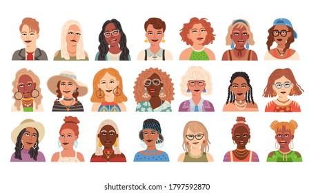 Set of modern female avatars. Vector illustration. Beautiful young hipster girls portrait with different hairstyles isolated on white background. Collection of flat power woman portraits