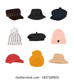 Set of modern female hats and headgears elements. Hand drawn vector illustration