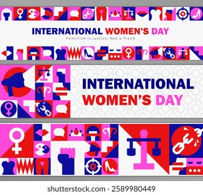 Set of modern feminist panoramic banners for International Women's Day with human rights geometric icons, personal boundaries signs, equality symbols in red, pink, blue, white. Bold Minimalism