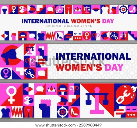 Set of modern feminist panoramic banners for International Women's Day with human rights geometric icons, personal boundaries signs, equality symbols in red, pink, blue, white. Bold Minimalism