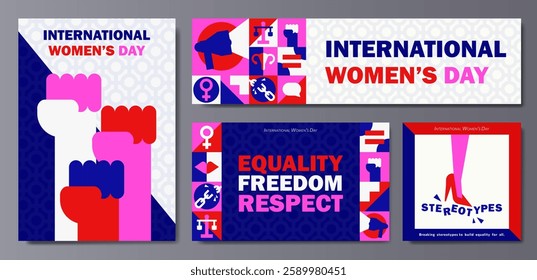 Set of modern feminist posters, banners, cards for International Women's Day with human rights geometric icons, personal boundaries signs, equality symbols in red, pink, blue, white. Bold Minimalism