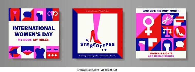 Set of modern feminist square posters, cards for International Women's Day with human rights geometric icons, personal boundaries signs, equality symbols in red, pink, blue, white. Bold Minimalism art