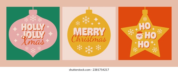 Set of modern festive phrase with Christmas balls. Holly Jolly Xmas, Merry Christmas, ho ho ho. Vector illustration