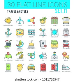 Set of modern filled outline icons of travel, vacation, hotel servis. The set can be used for several purposes like: websites, infographics, web and mobile phone services. Vector icons.