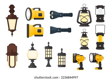 Set of modern flashlight and retro style street lamps vector illustration isolated on white background