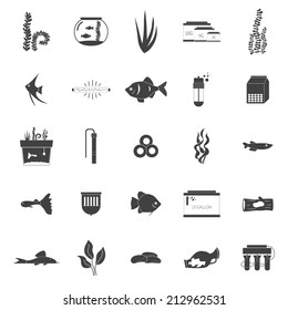 Set of modern flat aquarium icons - fish tanks, fish types, aquarium plants and decor. Aquarium supplies, maintenance, starter kit symbols. Pet shop illustration.