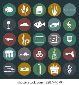 Set of modern flat aquarium icons - fish tanks, fish types, aquarium plants and decor. Aquarium supplies, maintenance, starter kit symbols. Pet shop illustration.