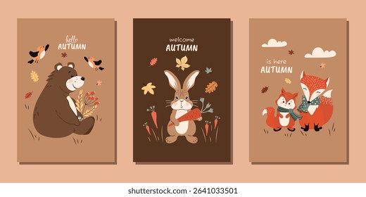 A set of modern flat autumn posters with cute animals. Funny bear, rabbit, squirrel and fox. Vector design for posters, backgrounds, postcards and more.