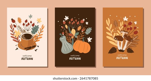 A set of modern, flat autumn posters with a hot drink, cinnamon, mushrooms, pumpkin and an autumn bouquet. Vector design for posters, backgrounds, postcards and more.