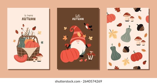 A set of modern flat autumn templates for posters, posters, postcards and an autumn seamless pattern with a funny gnome, autumn plants and vegetables. Vector design