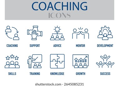 Set of modern flat coaching icons including support, advice, mentor, development, skills, training, knowledge, growth, and success. Perfect for business, HR, leadership, or education projects.