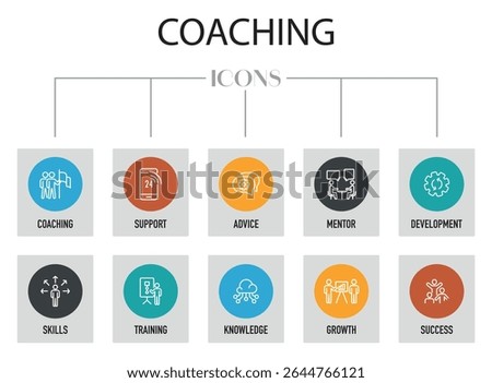 Set of modern flat coaching icons including support, advice, mentor, development, skills, training, knowledge, growth, and success. Perfect for business, HR, leadership, or education projects.