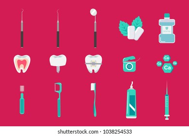 Set of modern flat conceptual icons of dental clinic services, stomatology, dentistry, orthodontics, oral health care and hygiene, tooth restoration, instruments and tools