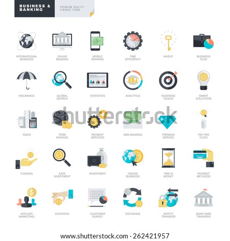 Set of modern flat design business and banking icons for graphic and web designers   