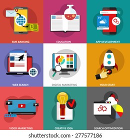 Set of modern flat design concept icons for internet marketing, optimization, mobile and computer apps and other materials