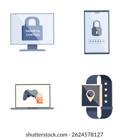 Set of modern flat design digital security icons for cybersecurity, parental control, password protection, and more. Illustration vector