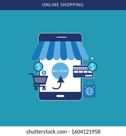 Set of modern flat design icons for mobile or smartphone commerce. Online mobile shopping