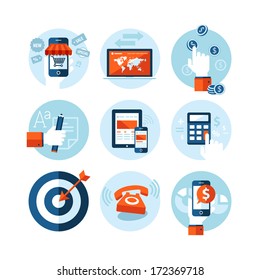 Set of modern flat design icons on e-commerce theme. Icons for online shopping, internet marketing, refferal marketing, computer and mobile phone apps, finance, planning, strategy and advertising.