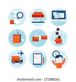 Set of modern flat design icons on the topic of online shopping and delivery service. Icons for web and mobile services and apps. Isolated on white background.    