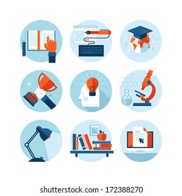 Set of modern flat design icons on the topic of knowledge and education. Icons for web and mobile services and apps. Isolated on white background.    